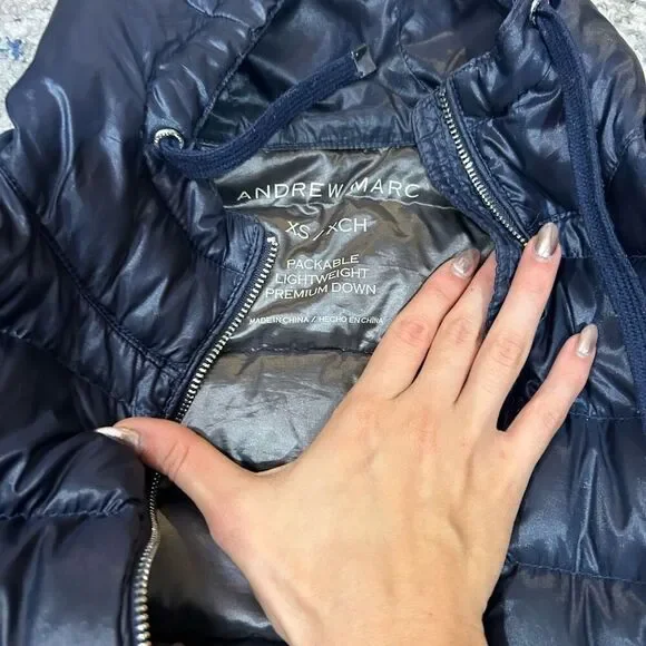 Andrew Marc Packable Lightweight Premium Down Jacket Women's XS Blue Silver Zip - Picture 4 of 6